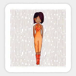 Cute brown girl with dark hair wearing an orange outfit with a red heart. Sticker